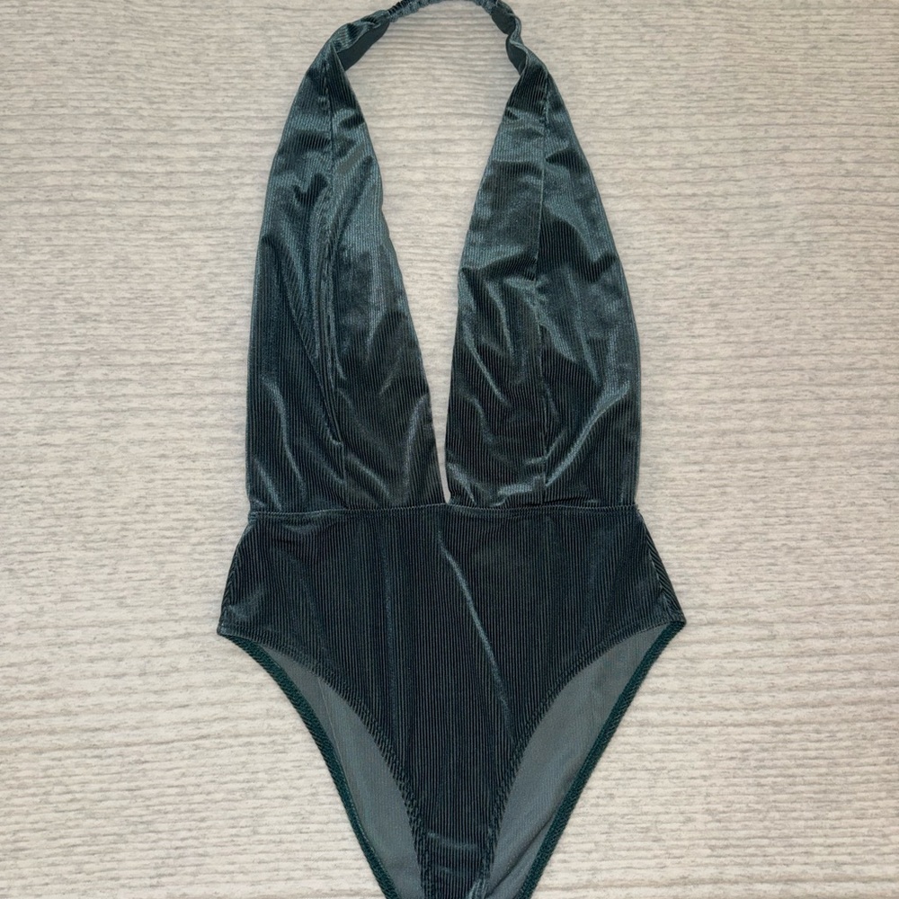 Teal Deep V-Neck Faux Velvet Bodysuit